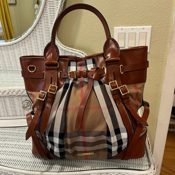 Burberry Handbags - Burberry Bridle Whipstitch Convertible Tote House Check Canvas Medium